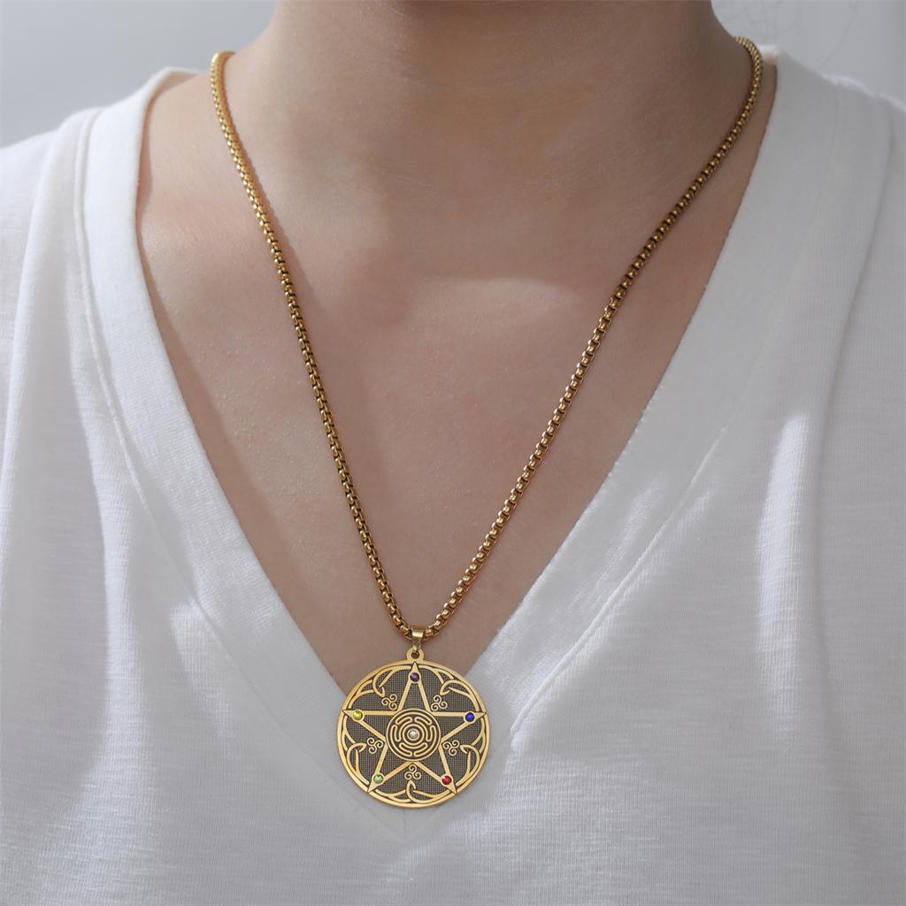 Wicca Pentagram Chakra Necklace for Women Men Hecate Wheel Amulet Pendant Necklaces Spiritual Pagan Jewelry Gift