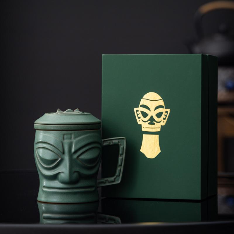 Bronze mask Sanxingdui gift portable travel tea set ceramic merchandise express cup business souvenir