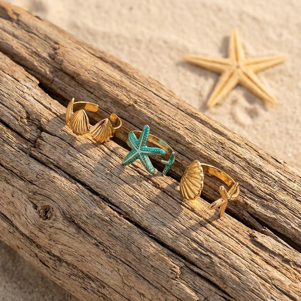 Bohemian Seashell & Starfish Beach Ring Set - 3 Pieces