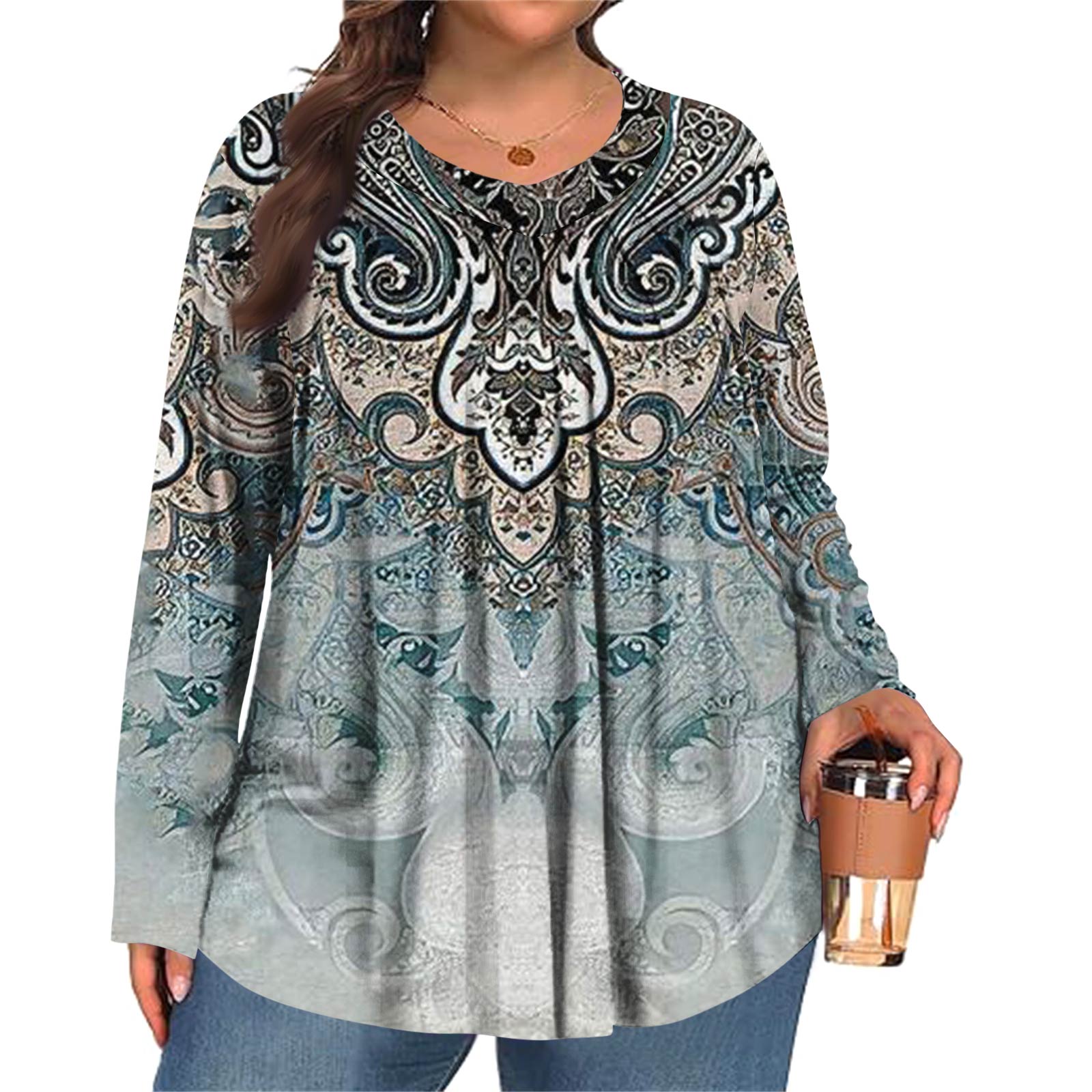 

Женский модный топ большого размера с принтом, повседневный плиссированный, с круглым вырезом и длинными рукавами XL