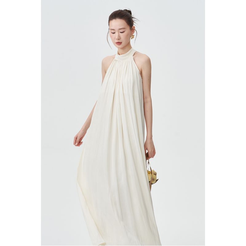

High-End off-the-Shoulder Hanging Neck Sling Dress Women Summer Loose Large Skirt Sleeveless Drape Pleated Holiday Style Long dress Apricot color One size