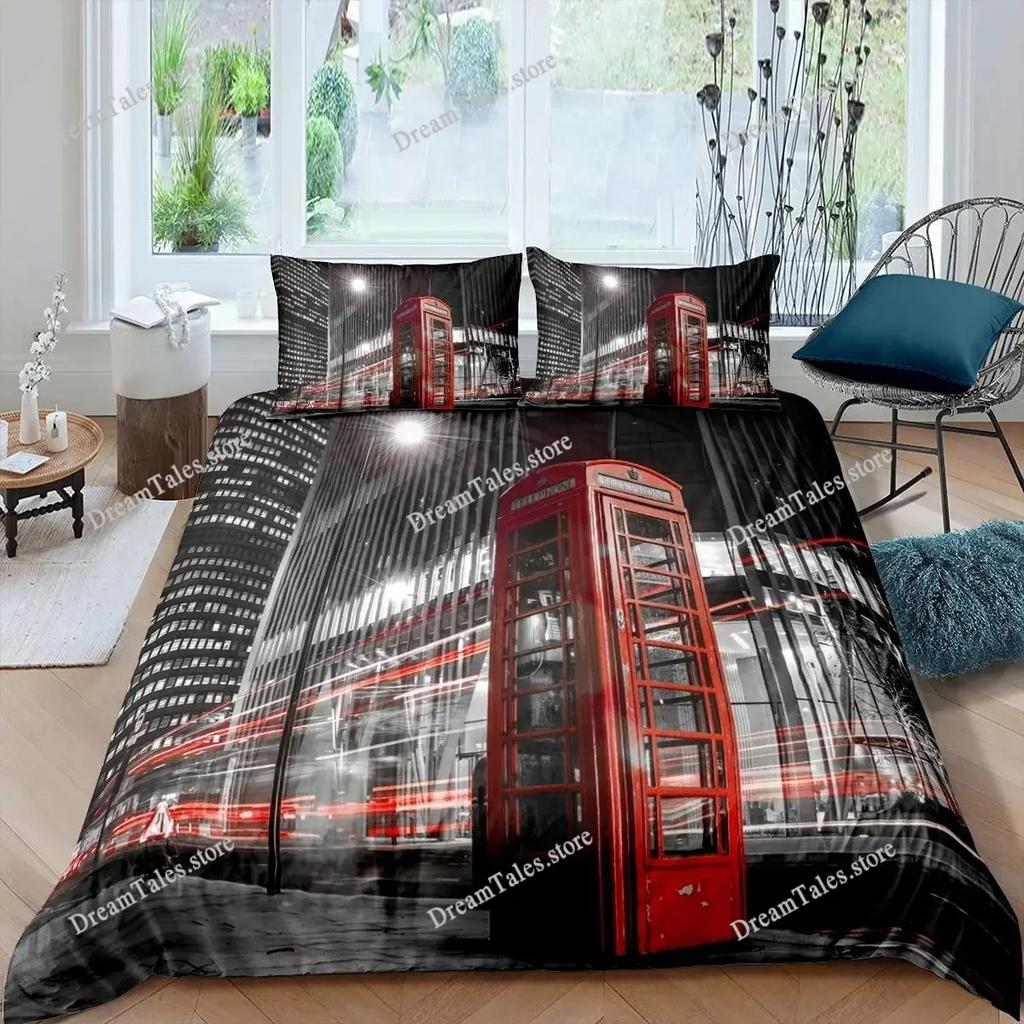 Big Ben Bettbezug Jungen Berühmte Telefonzelle Bettwäscheset für Teenager Retro Londoner Stadtbild Bettbezugset mit Kissenbezug