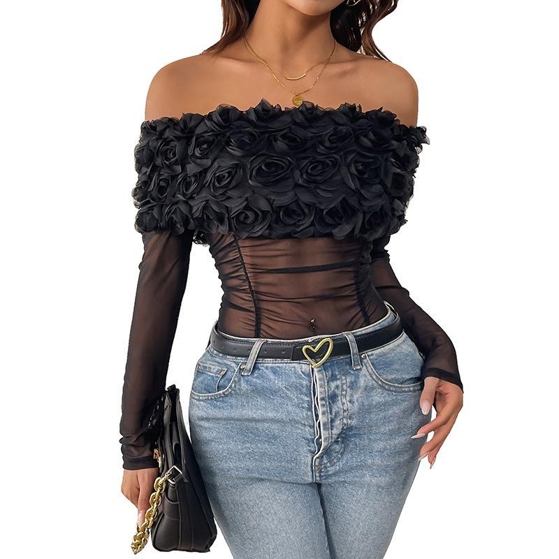 Women Sexy Mesh Off Shoulder Floral Long Sleeve Tight High Waist One Piece Jumpsuit