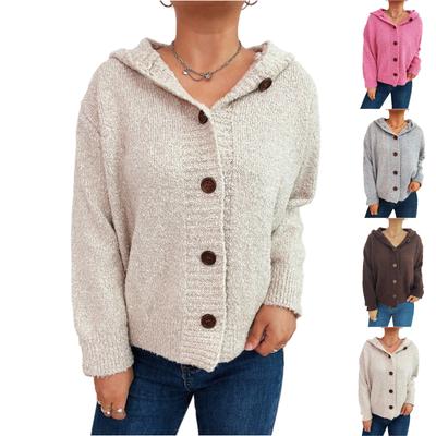 Damenmode Lässig Verdickt Kapuzenpullover Einreihig Langärmliger Cardigan Knopf Gestrickte Pulloverjacke