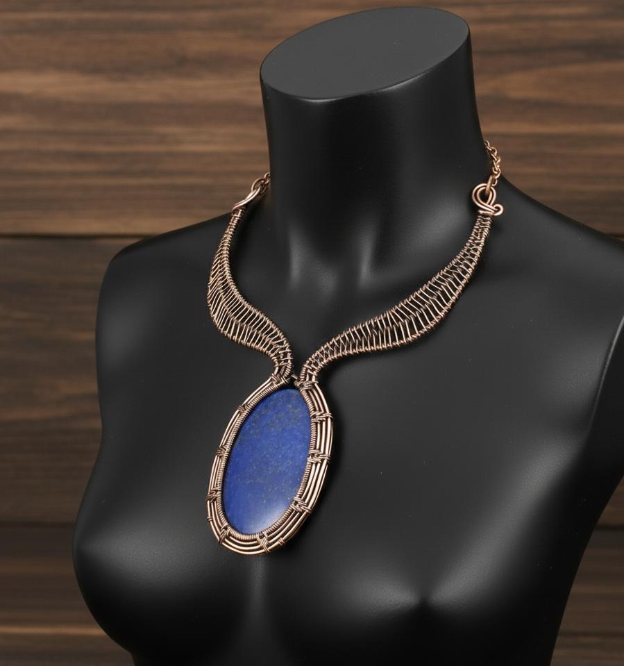 Handmade Lapis Lazuli Gemstone Copper Wire Wrapped Statement Necklace Boho Ethnic Pendant Jewelry for Women