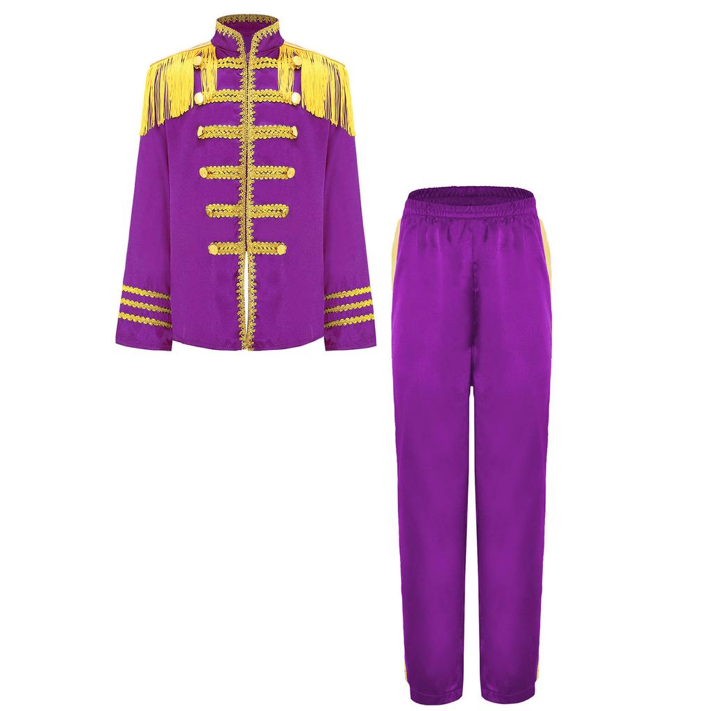 Kids 1960s British Star Costume Long Sleeve Gold Lace Decoration Fringe Rock Band Musician Shirt Pants Set