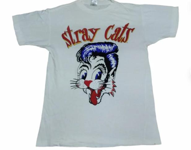 Vintage 80's Stray Cat American Rockabilly White Medium T Shirt Genre Music Rock
