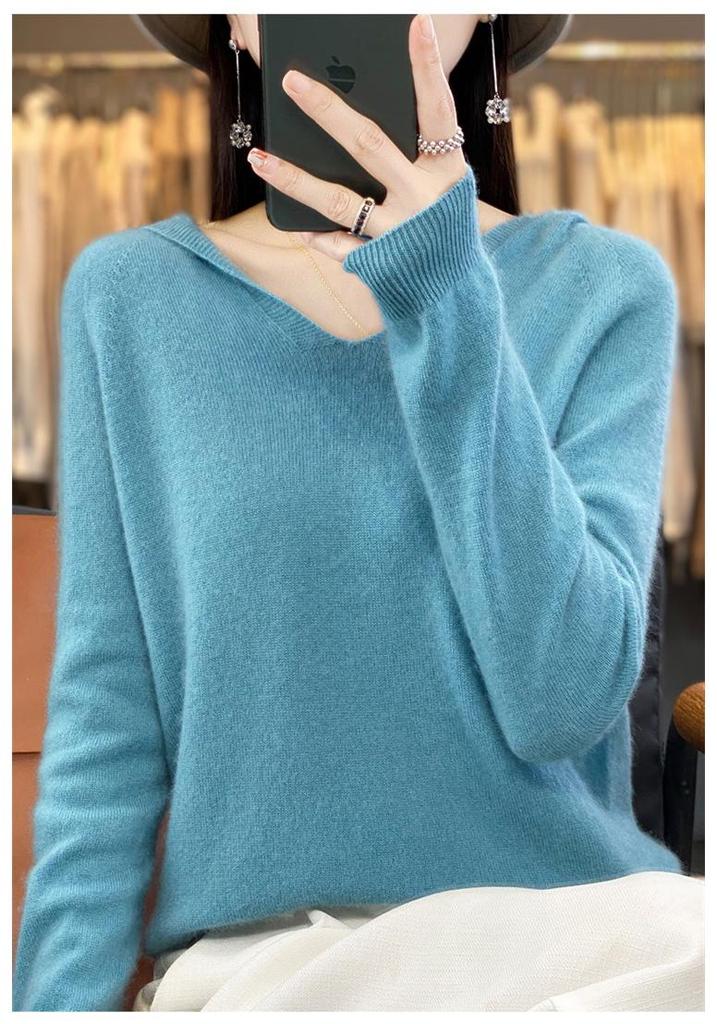 Women's V-Neck Hooded Wool Sweater - Autumn/Winter Loose Knit Pullover