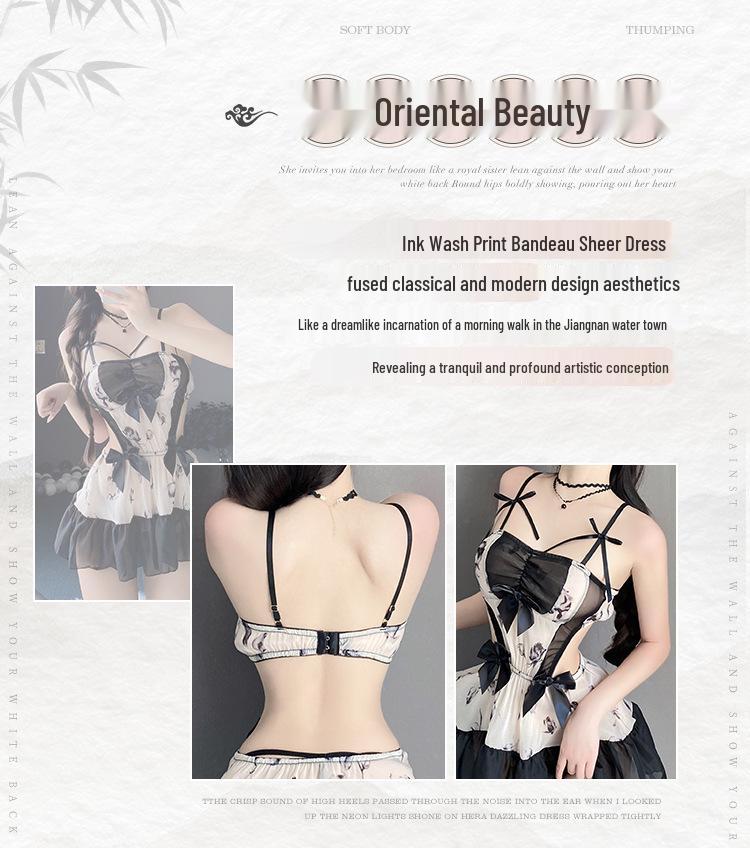 Sensual Ink Print Bandeau Nightgown - See-Through Quick-Release Lingerie Set