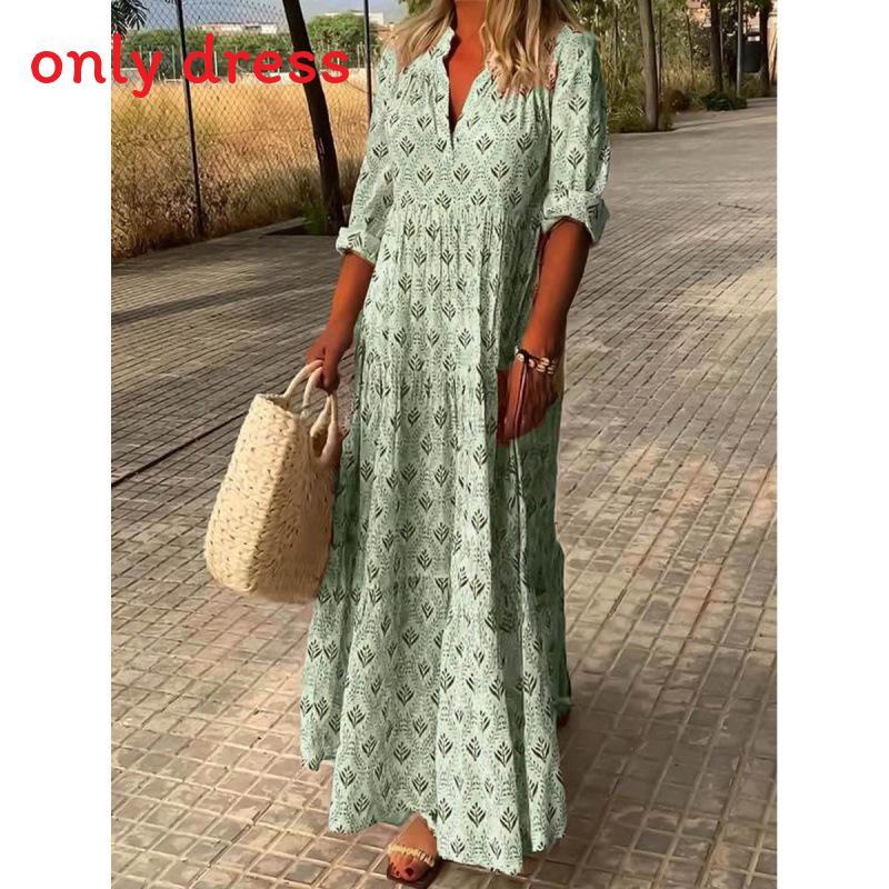 Polyester Vintage Long Dress With 3d Print And Pleated Style For Casual Fashion