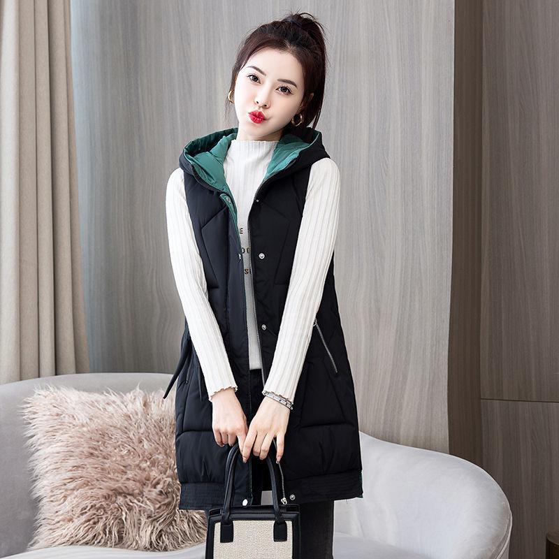 Autumn and Winter Women's Solid Color Hooded Warm and Windproof Mid-length Women's Sleeveless Jacket 9 Colors
