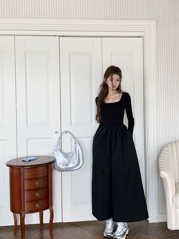 Spring 2026 Women's Square Neck Long Sleeve Slimming Knit Dress