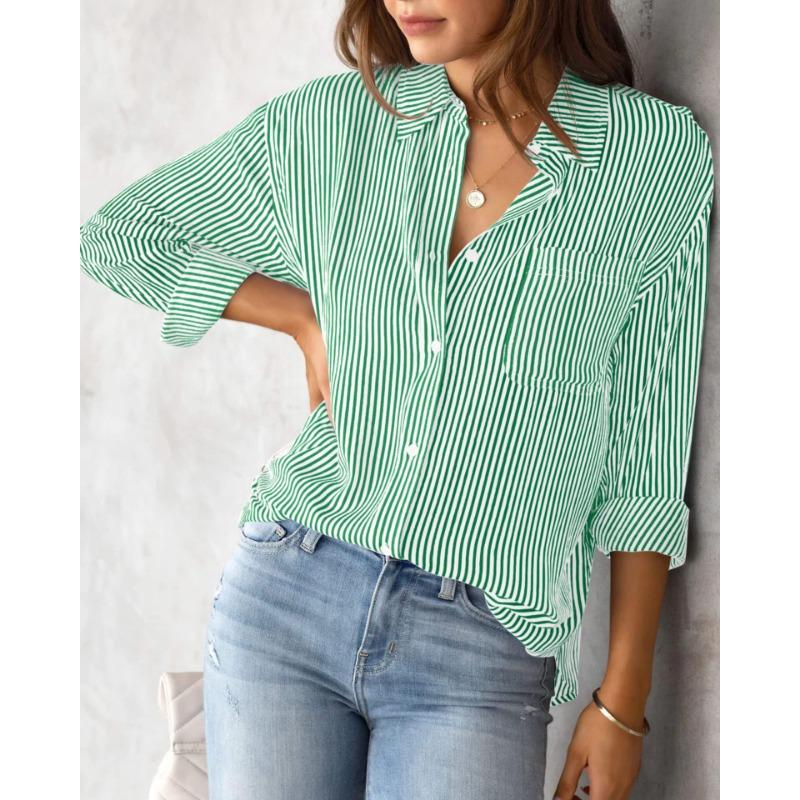 Women's Pocket Loose Top Long Sleeved Work Shirt Top