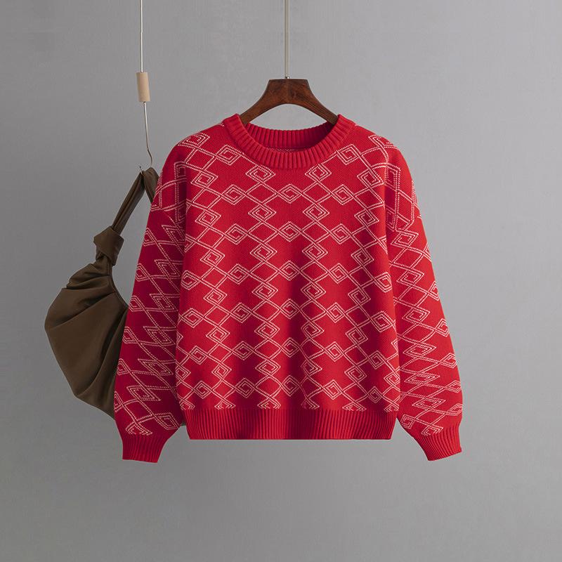 Suéter feminino de manga comprida jacquard para outono e inverno, gola redonda solta e versátil