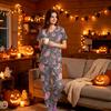 Women's Halloween Print Scrub Set, V Neck Short Sleeve with Pockets and Pants, 2 Piece Uniform