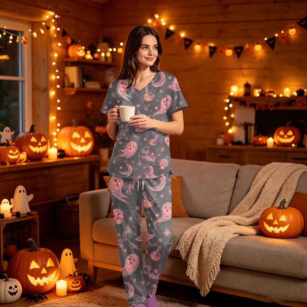Women's Halloween Print Scrub Set, V Neck Short Sleeve with Pockets and Pants, 2 Piece Uniform