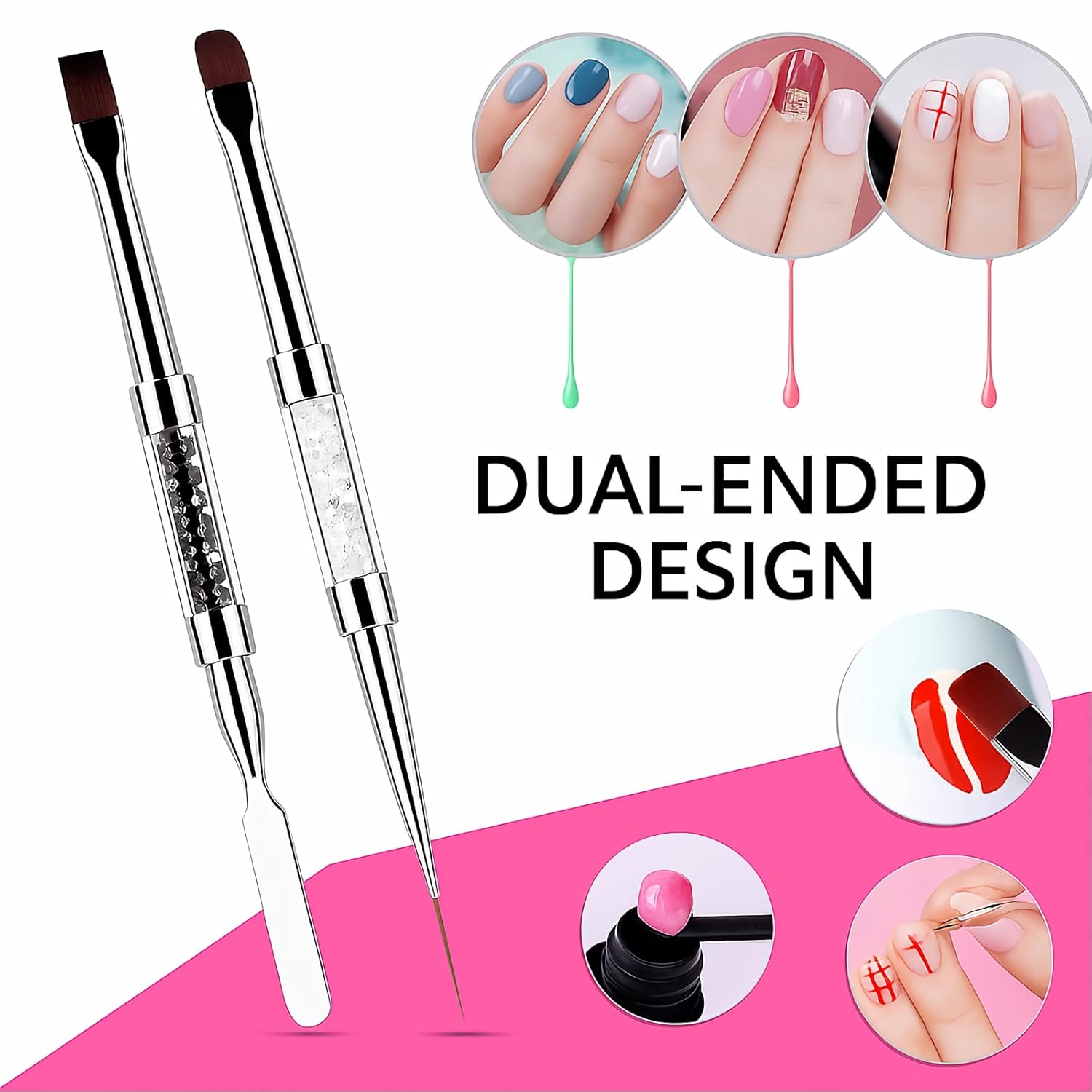 2PCS Dual-Ended Nail Art Brushes Set – Gel Nail Brush, Spatula & Liner Brush – Nail Art Tools for Builder Gel, Nail Polish Application, DIY