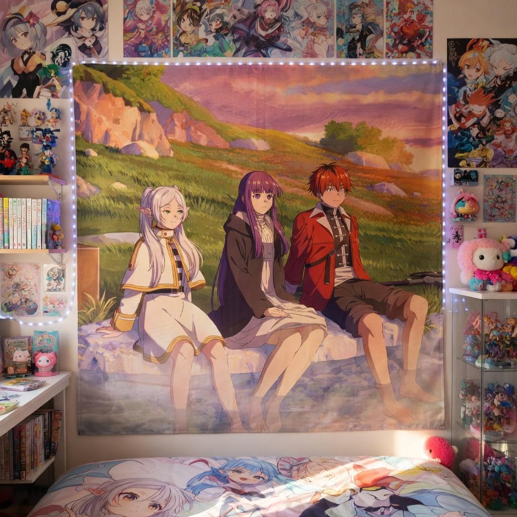 Anime Tapestry Wall Hanging Aesthetic Room Decor Fantasy Trio Meadow Sunset Art Cloth Backdrop Manga Inspired Cool Gifts