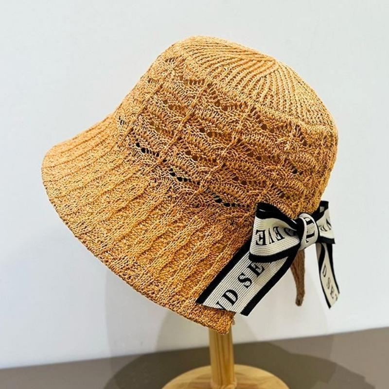 Korean Style Hollow Knit Women's Summer Bucket Hat - Sun Protection, Face Slimming, Hand-Knitted, Versatile.
