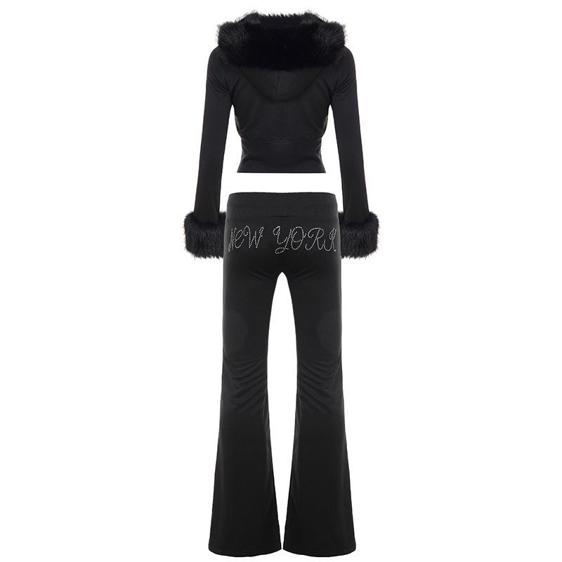 2025 Fall/Winter European Furry Hoodie & Rhinestone Sweatpants Set