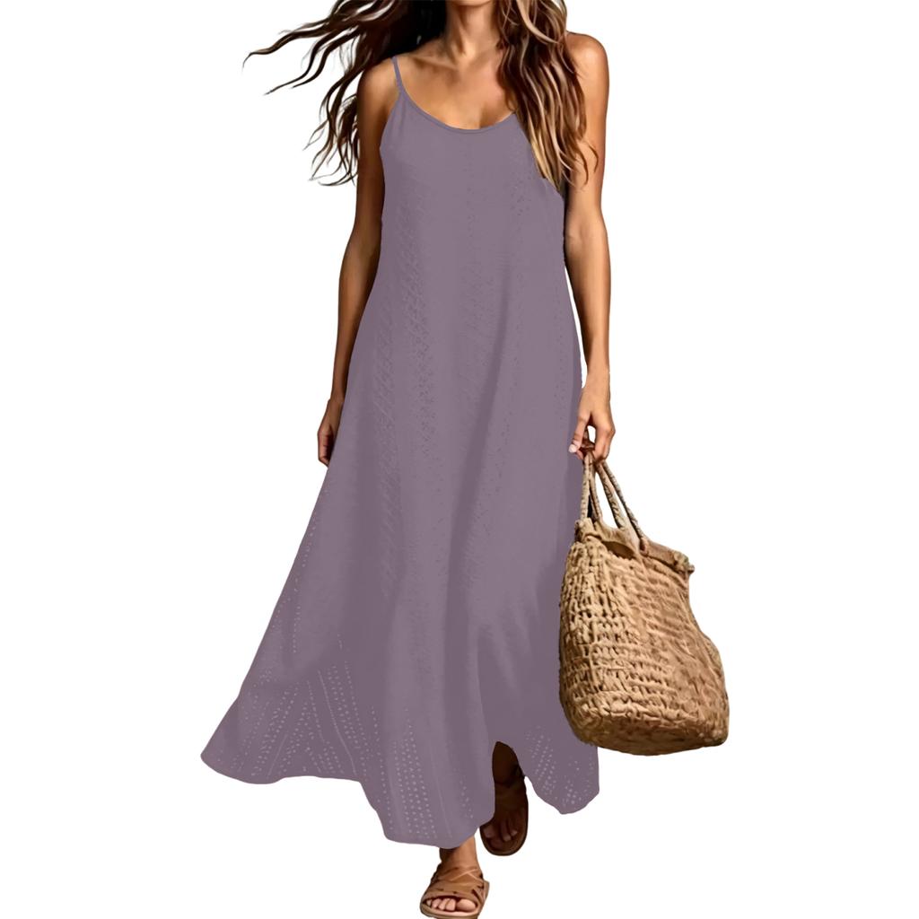 Damen Bohemian Urlaubs-Einfarbig Ärmellos V-Ausschnitt Maxikleid Leicht Lässig Lockerer Schnitt Sommer-Sonnenkleid