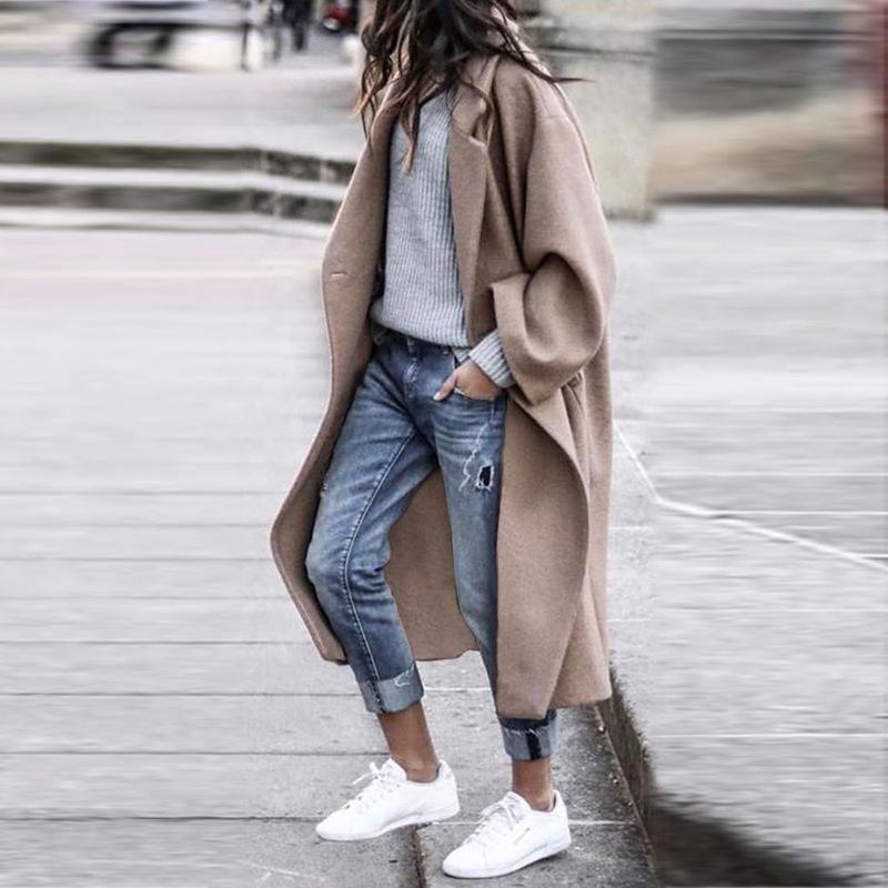 2022 Women's Plus Size Woolen Overcoat - Stylish European & American Solid Color Design