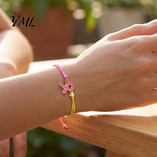 Braided Rope Wristband 2 Pcs Breast Cancer Awareness Bracelets, Adjustable String Ribbon Bracelet Bracelets with Charm, Inspirational Gifts for Women