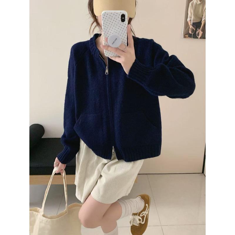 Autumn and winter new double pocket zipper knitted cardigan women's loose casual double head zipper knitted sweater jacket