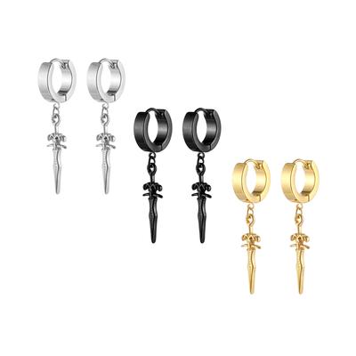 Pair Gothic Sword Drop Earrings Black Punk Ear Hoops with Long Dangle Grunge Hip Hop Stainless Steel Rings Ear Piercings Jewelry