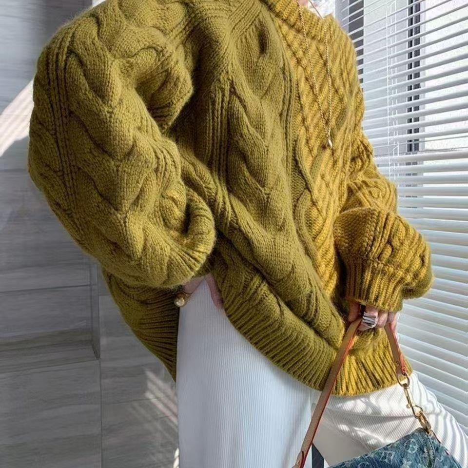 Women's crew neck twist knitted sweater new autumn and winter purple outer wear sweet sweater women's lazy outer wear top