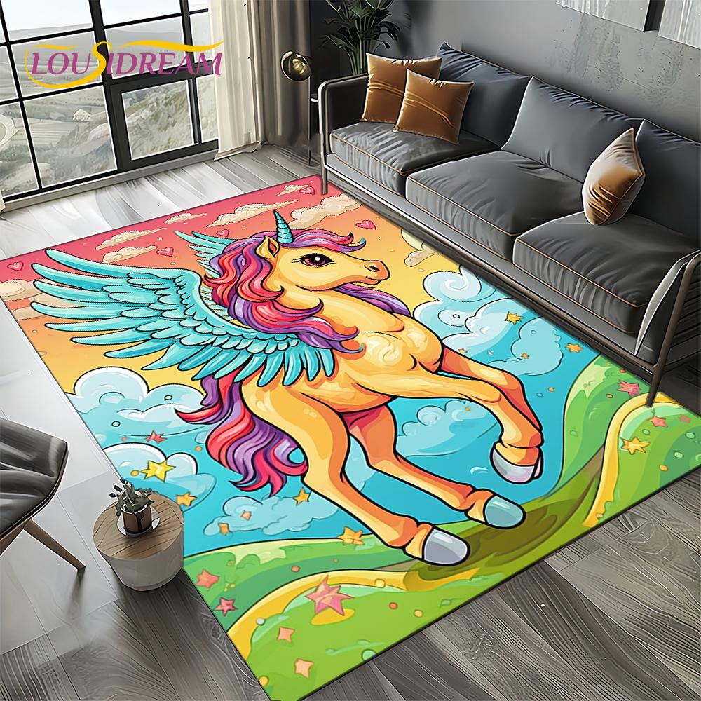 Unicorn Cartoon Cute 3D Dream Girl Carpet Rug for Living Room Bedroom Home Sofa Decoration,Kid Area Rug Non-slip Floor Mat Gift