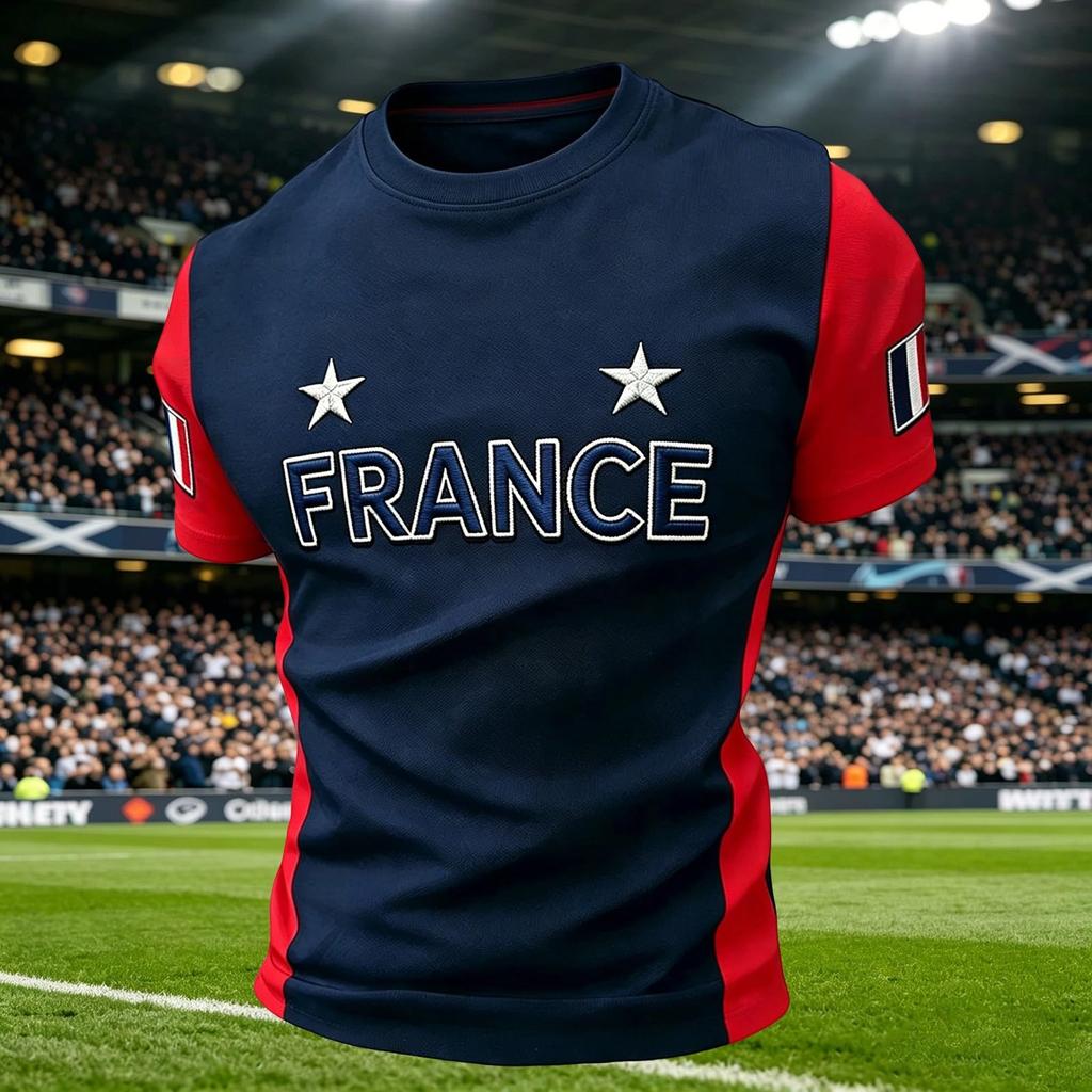 Men Crew Neck Short Sleeve Pullover T Shirt with Football Print Casual Fit Top for Sports and Fans France Theme