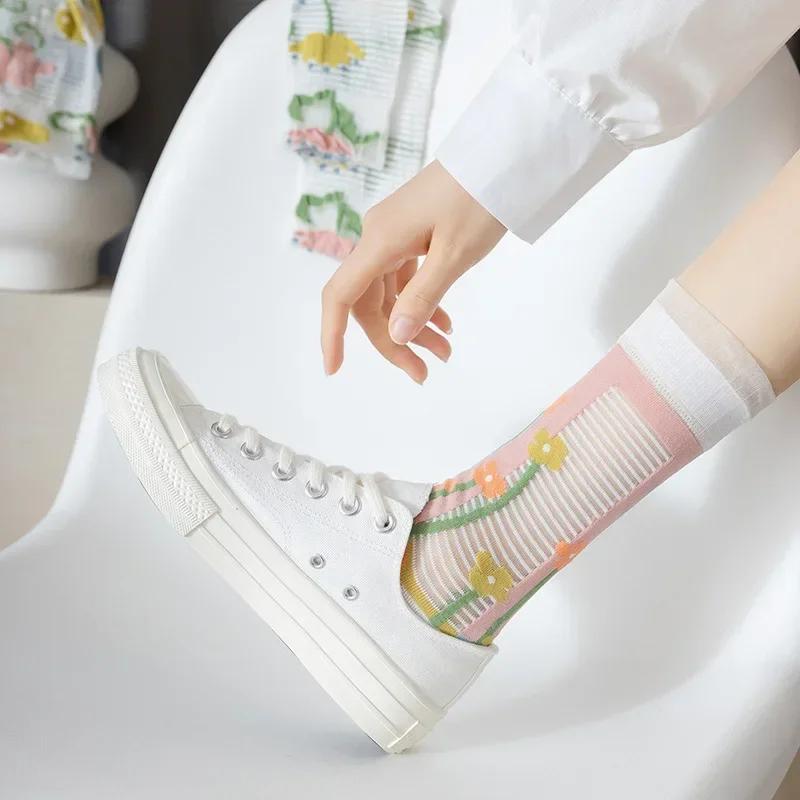 Flower Embroidery Crystal Silk Socks Summer Elastic Long Socks Hollow Out Thin Breathable Mesh Lace Socks Ultra-thin Transparent