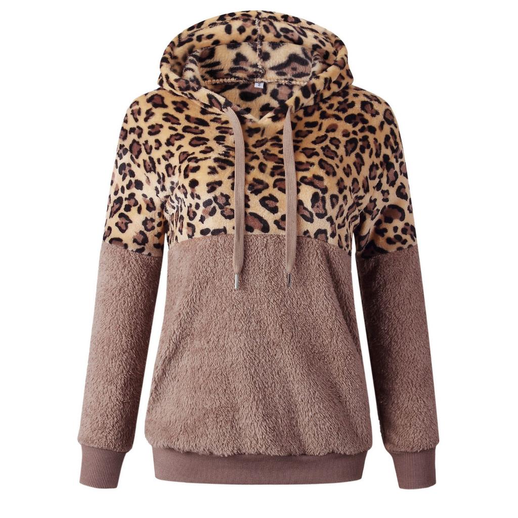 Women Hooded Sweatshirt Coat Winter Warm Wool Leopard Pocket Cotton Coat Outwear