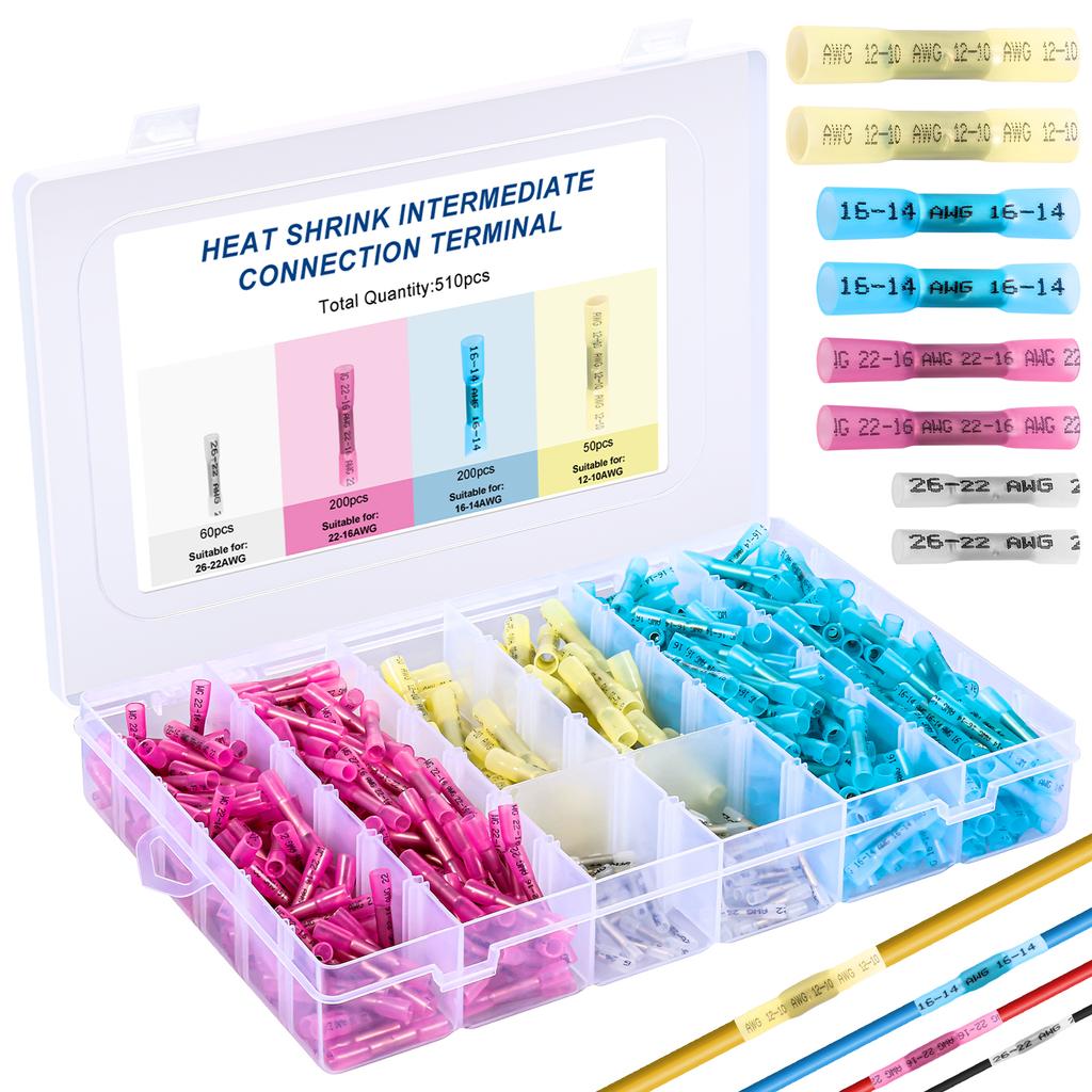200/510PCS Boxed Waterproof Heat Shrink Butt Wire Connectors Waterproof Insulated Automobile Marine Wire Cable Crimp Terminals