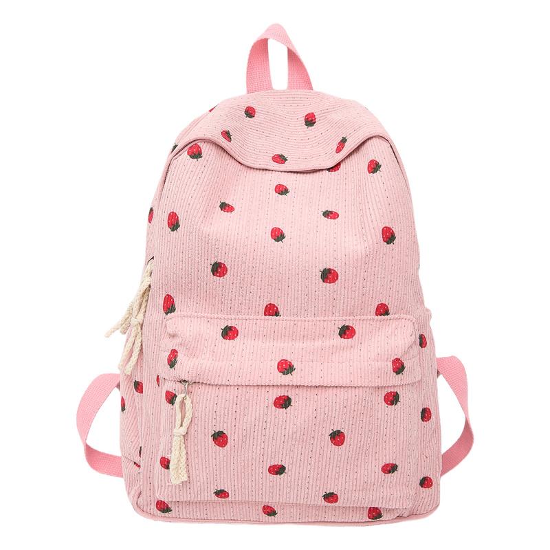 

Женский вельветовый рюкзак с принтом клубники, школьный портфель для школьников светло-розовый