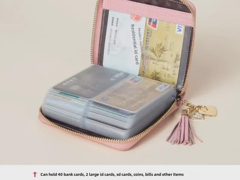 Women's RFID-Blocking Cowhide Card Holder with Zipper and Anti-Demagnetization for Credit Cards and Driver's License