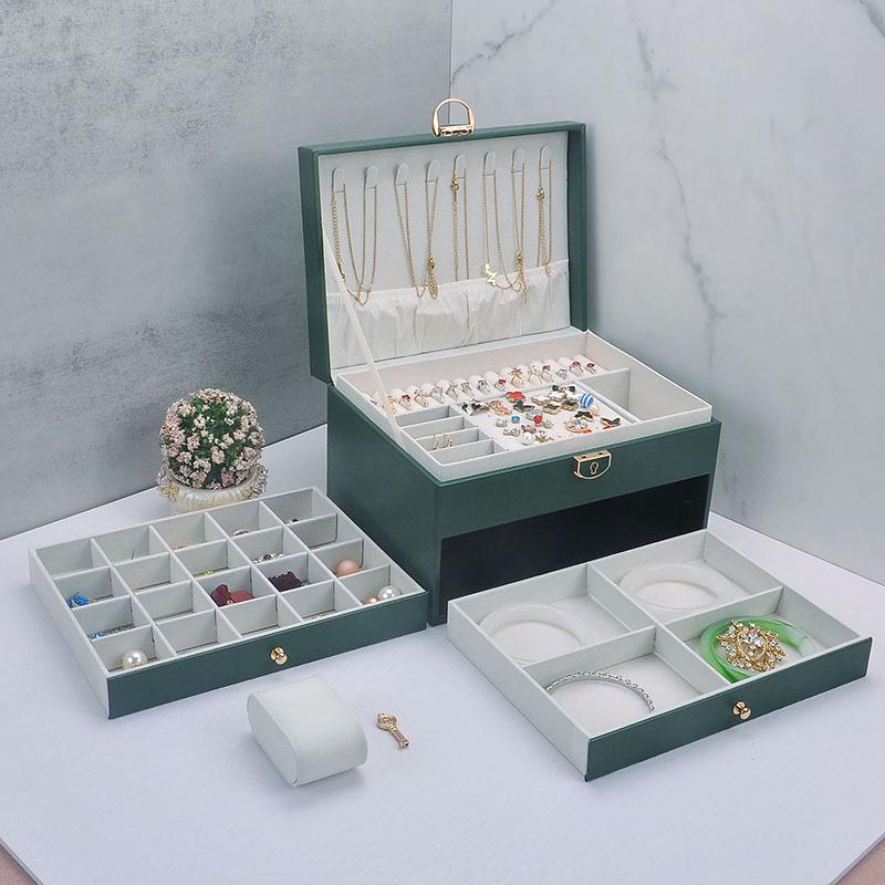 Three-Layer Leather Jewelry Box with Lock for Rings, Bracelets, and Earrings