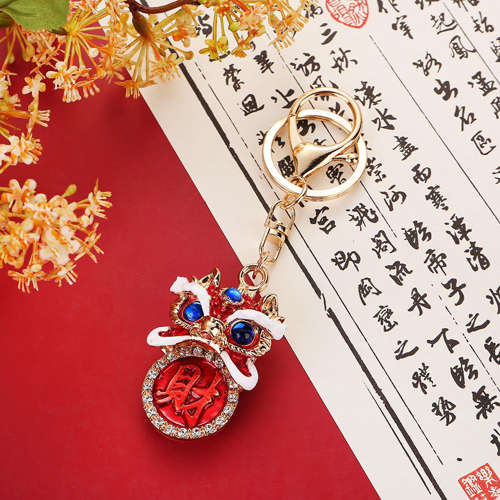 Chinese Fortune Lion Head Keychain with Rhinestones - Lion Dance Foshan Cultural Gift