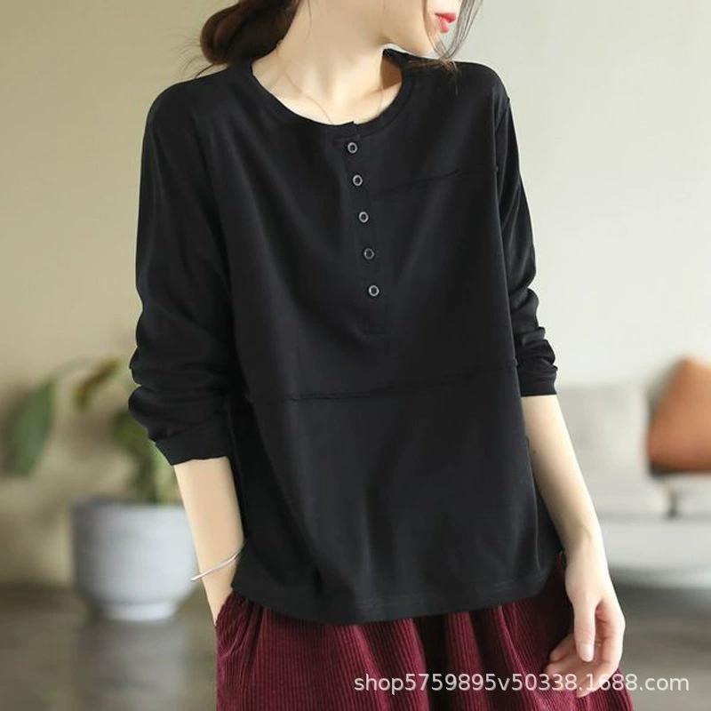 Nuova Maglietta a Maniche Lunghe Retro Primavera e Autunno per Donna, Casual e Snellente, Camicia con Fondo Bottoni a Contrasto, Top per Donna, 2025