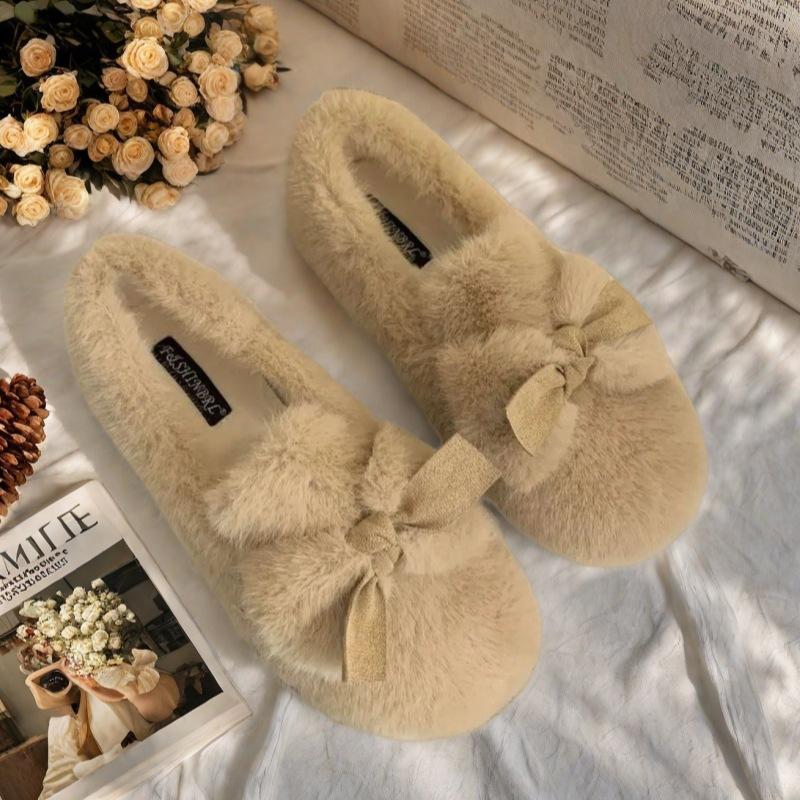 Winter fluffy shoes women's bow new velvet thickened beanie shoes fairy wind warm cotton shoes