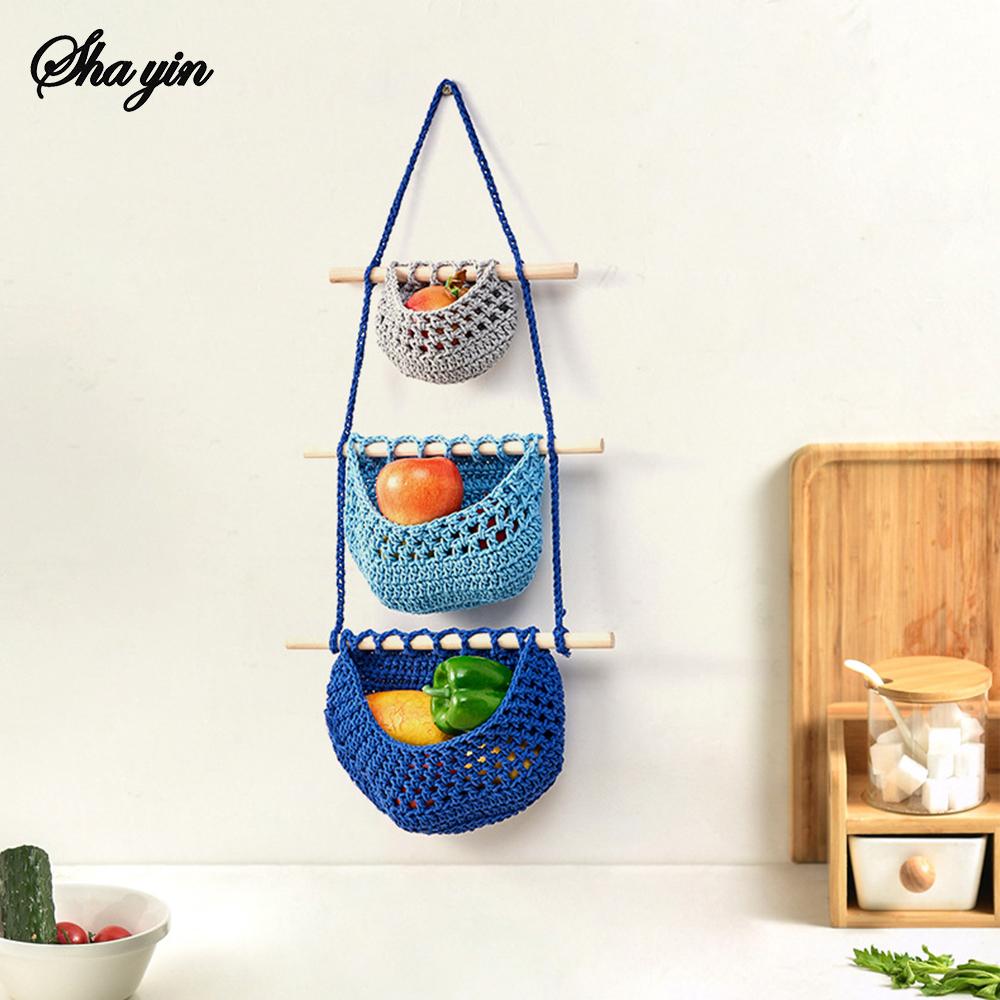1PC Three-Layer Fruit Hanging Basket, Detachable Wall-Mounted Fruit Net Bag, Simple Woven Bag Vegetable And Fruit Basket