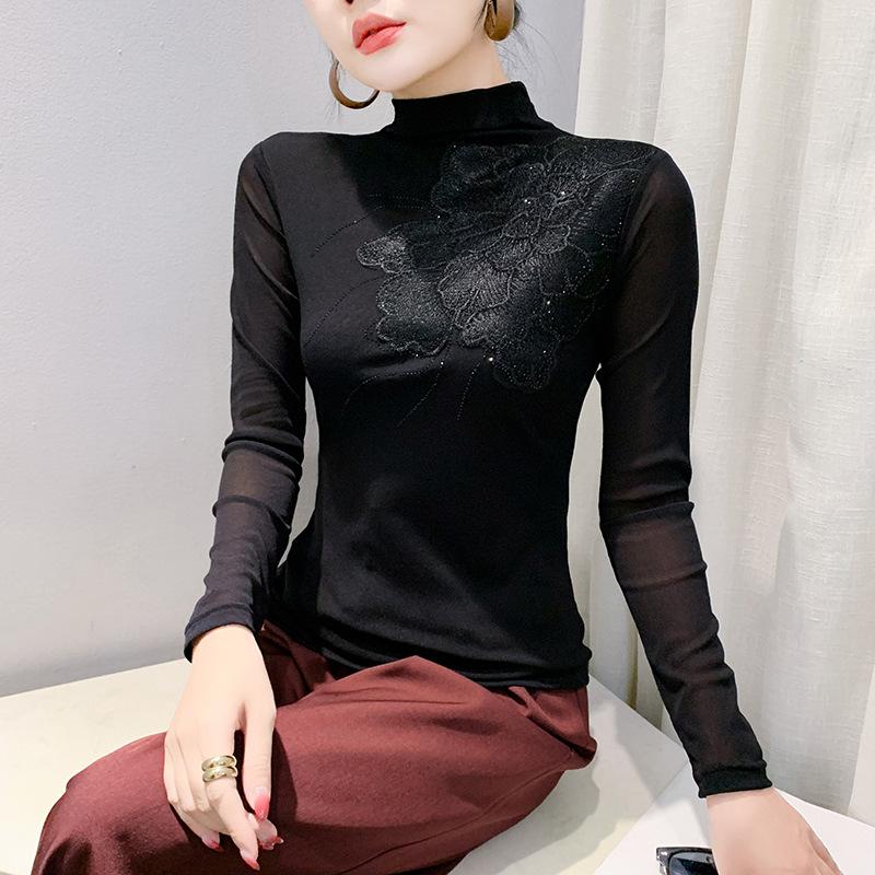 

Черная водолазка, базовая рубашка для женщин с вышитой сеткой, футболка с длинными рукавами, нижнее белье, обтягивающая и стильная рубашка 3XL чёрный