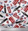 Soimoi Japan Crepe Satin Fabric Bus,Telephone Booth & London Clock Tower Architectural Print Sewing Fabric Metre 42 Inch