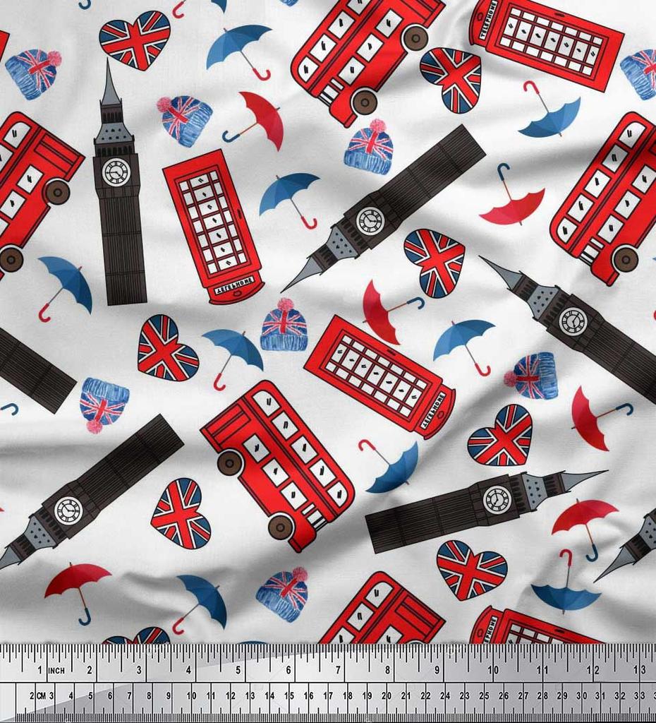 Soimoi Japan Crepe Satin Fabric Bus,Telephone Booth & London Clock Tower Architectural Print Sewing Fabric Metre 42 Inch