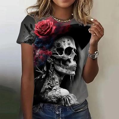 3D-gedrucktes T-Shirt mit Rosenschädel für Damen, Vintage-Muster, T-Shirts für den Sommer, lässig, Harajuku, O-Ausschnitt, kurzärmelig, übergroße T-Shirts