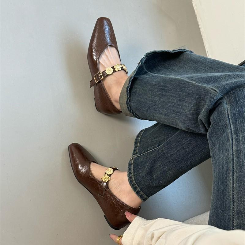 Inner Height Increase Korean Version Square Head Metal Buckle Mary Jane Flat-soled Single Shoes 2025 Spring and Autumn Outer Wear Comfortable Soft-so