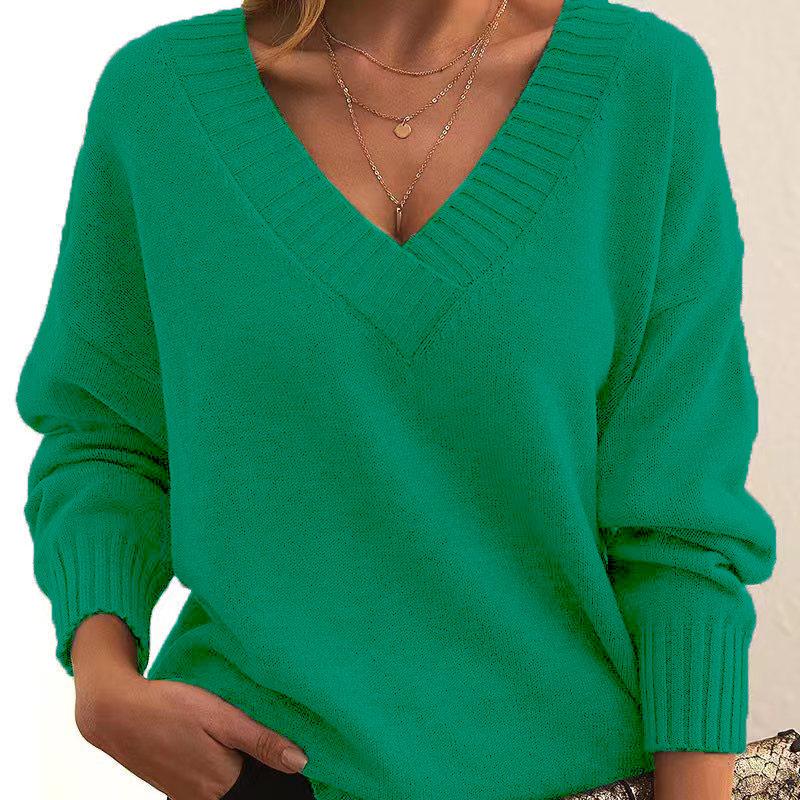 HNXC Women's Fashion Casual Solid Color Print Autumn Winter Long Sleeve V-Neck Loose Sweaters