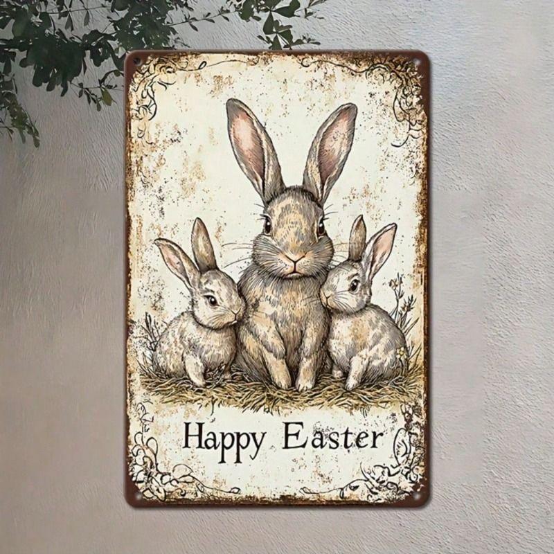 Vintage Metal Poster Easter Bunny Wall Art Home Decor