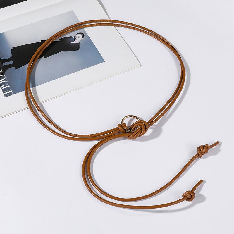 

Женский металлический круглый ремень из плетеного кожаного шнура с узлом, однотонный длинный тонкий ремень из ПУ, женский ремень для платья, юбки, декоративные ремешки кофейный